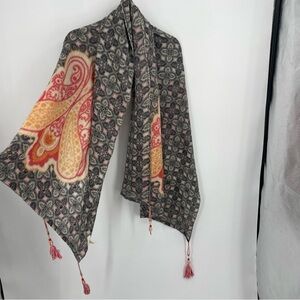 SUNDANCE CATALOG Floral Tassel Scarf 100% wool geometric gray pink orange